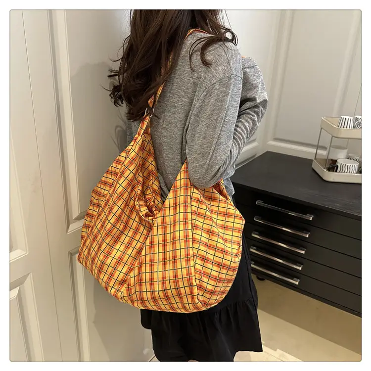 Yellow Plaid Canvas Women's Large Tote Bag — feature 14