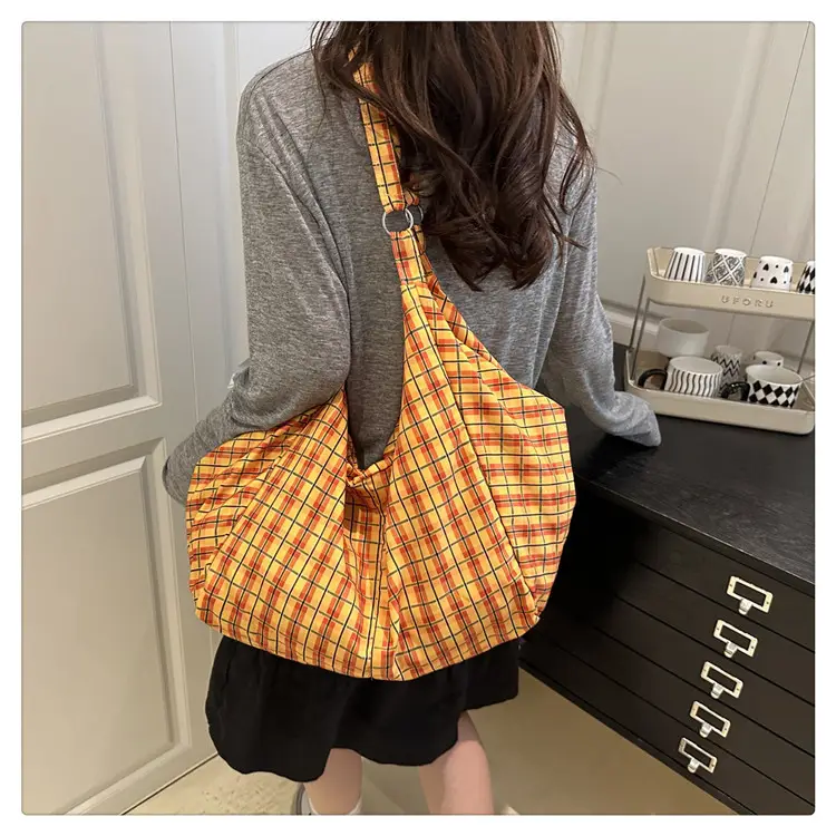 Yellow Plaid Canvas Women's Large Tote Bag — feature 16