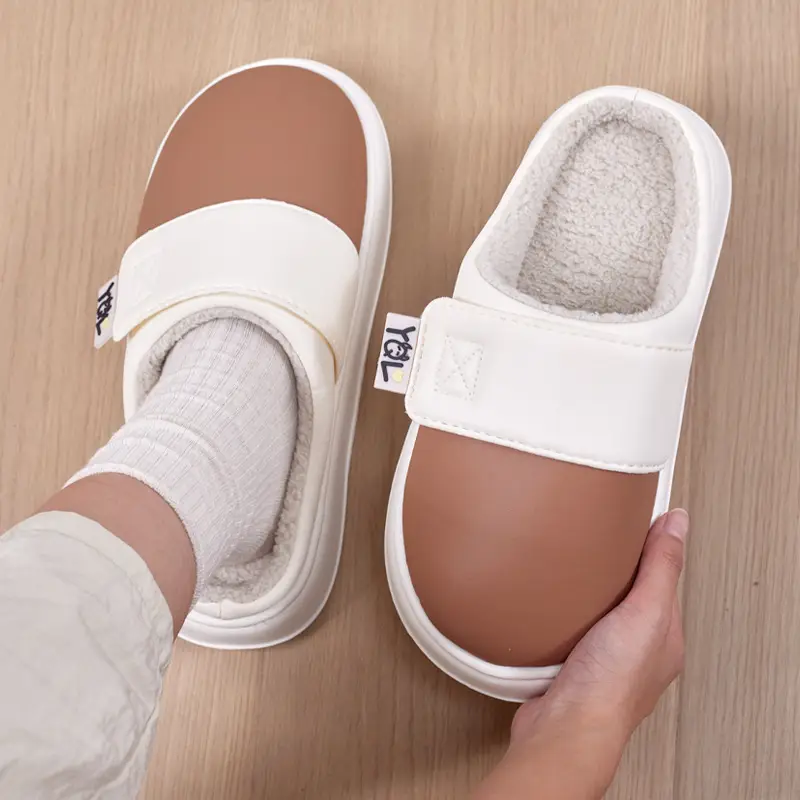 Pu Waterproof Cotton Slippers for Women, Autumn and Winter Fleece-Lined to Heattech, Home Use, Non-Slip, Thickeneded Couple Slippers for Winter - Image 8