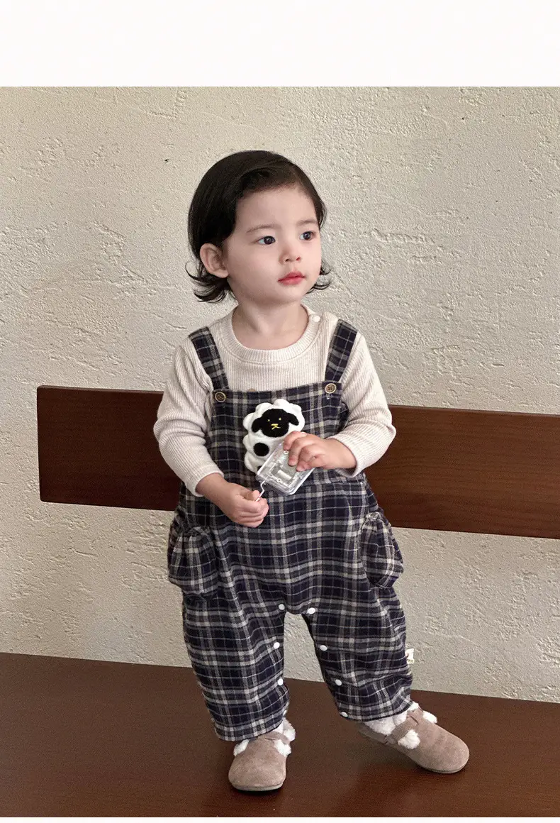 Baby Overalls Set Retro British Style Plaid Jumpsuit T-Shirt — feature 10