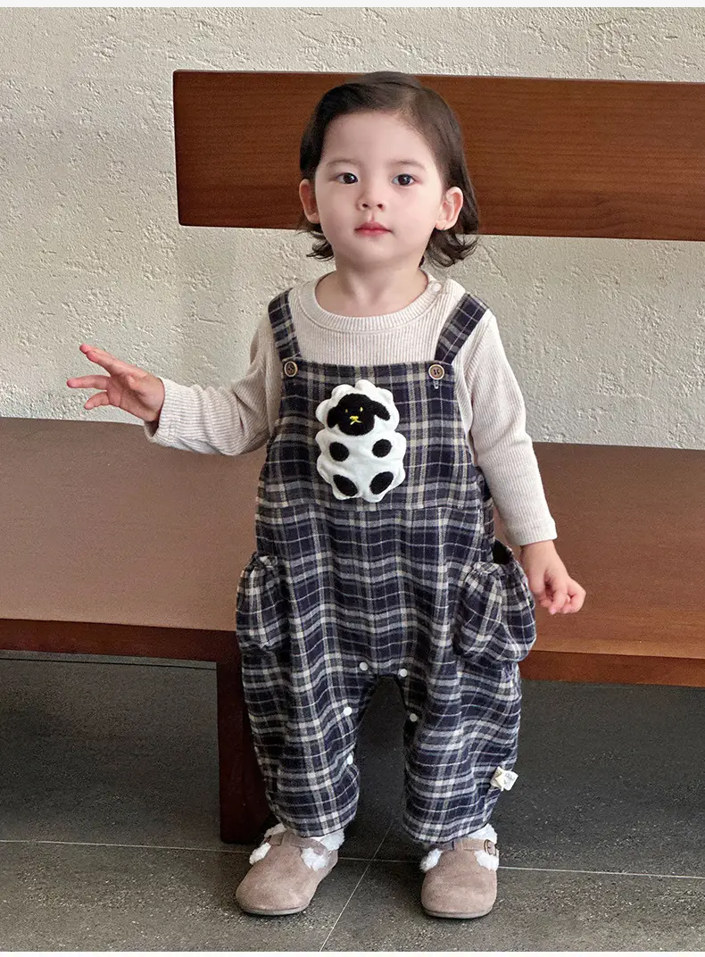 Baby Overalls Set Retro British Style Plaid Jumpsuit T-Shirt — feature 6