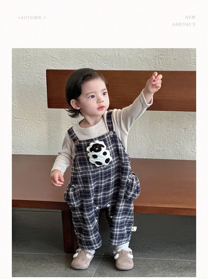 Baby Overalls Set Retro British Style Plaid Jumpsuit T-Shirt — feature 7