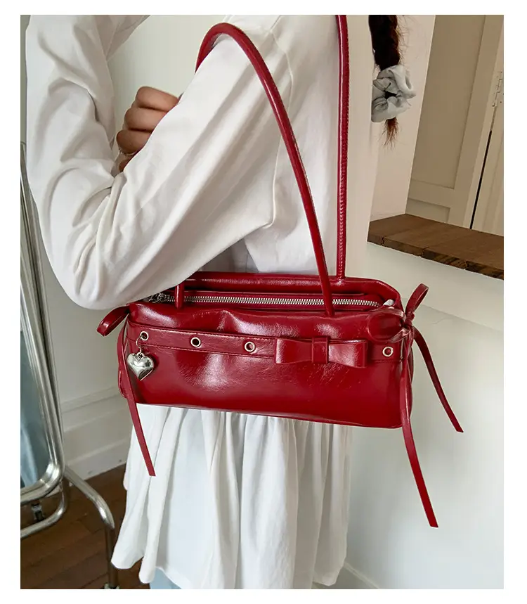 Women's Red Leather Shoulder Bag with Zipper Compartment — feature 16