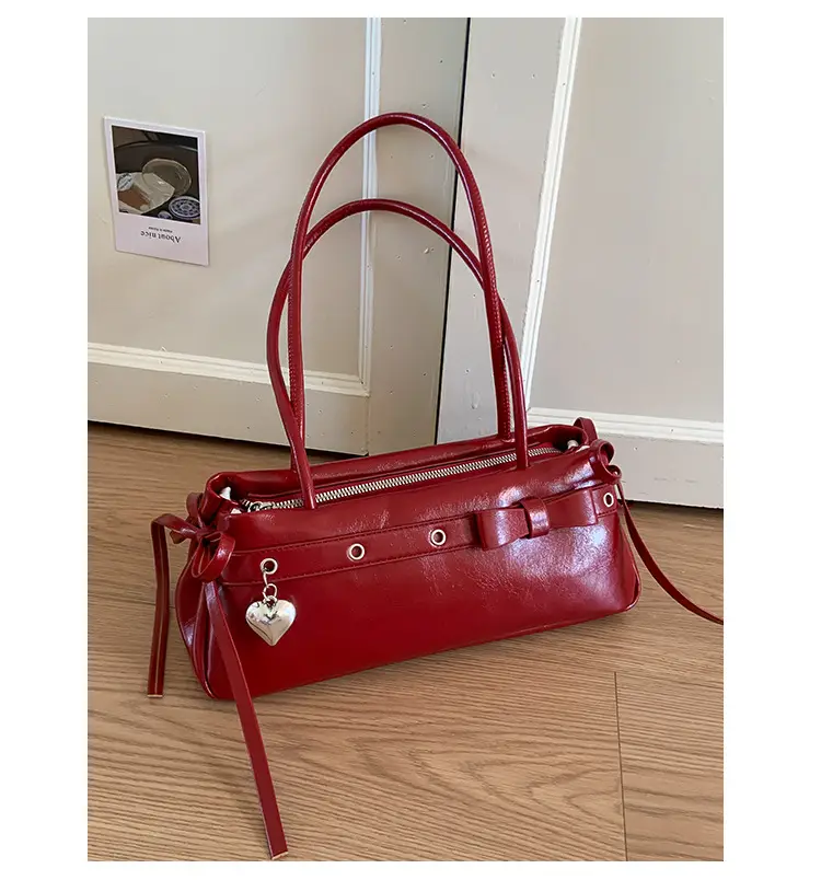 Women's Red Leather Shoulder Bag with Zipper Compartment — feature 9