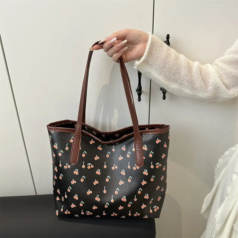 Women Printed Tote Bag Large Capacity Brown White - Image 4