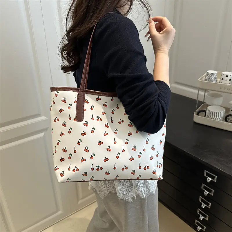 Women Printed Tote Bag Large Capacity Brown White - Image 5
