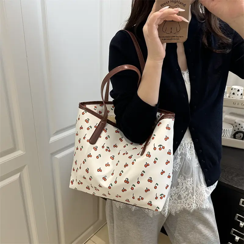 Women Printed Tote Bag Large Capacity Brown White — feature 23