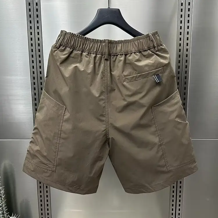 Men Brown Belted Cargo Shorts Summer Large Pocket Loose Straight Mid Length