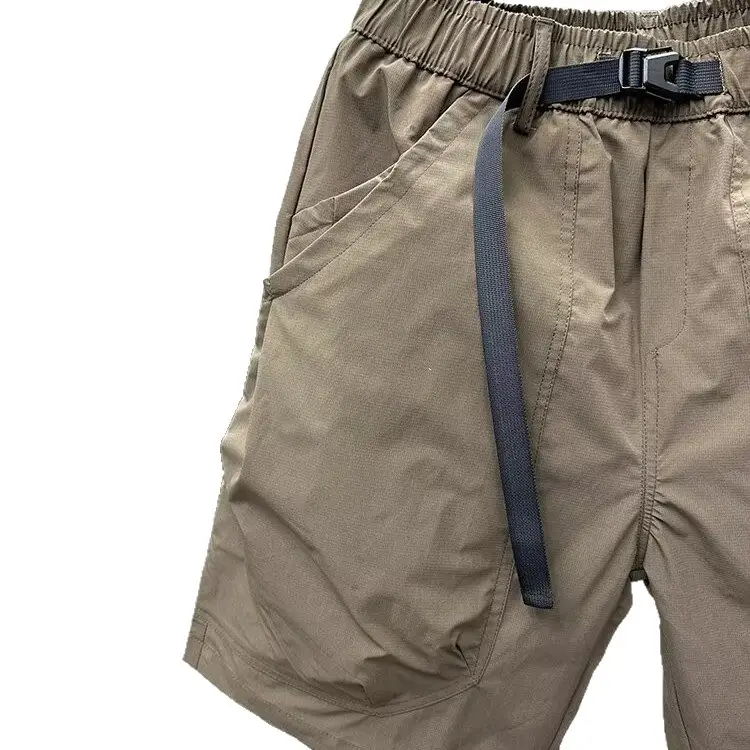 Men Brown Belted Cargo Shorts Summer Large Pocket Loose Straight Mid Length