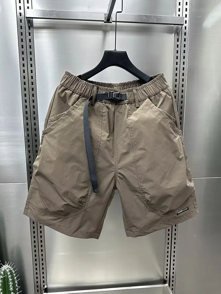 Men Brown Belted Cargo Shorts Summer Large Pocket Loose Straight Mid Length — feature 33
