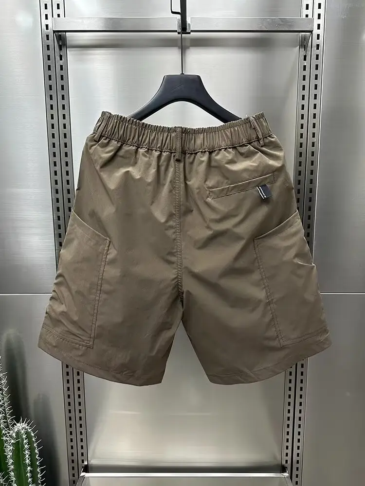 Men Brown Belted Cargo Shorts Summer Large Pocket Loose Straight Mid Length — feature 34