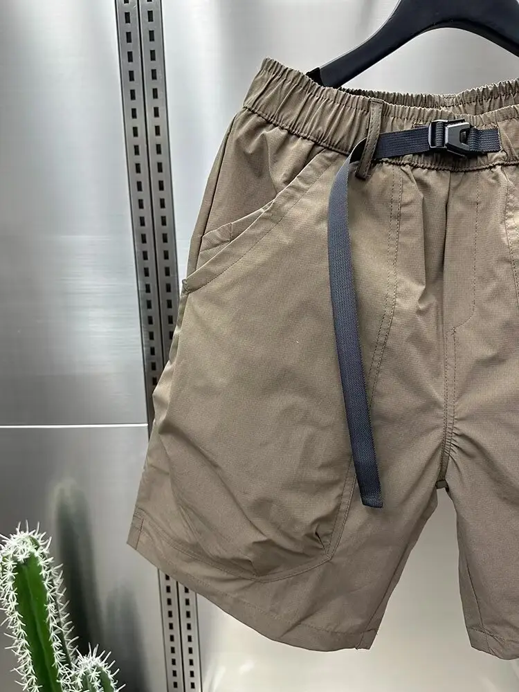 Men Brown Belted Cargo Shorts Summer Large Pocket Loose Straight Mid Length — feature 36