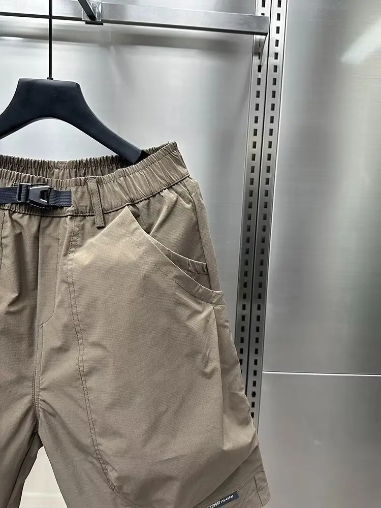 Men Brown Belted Cargo Shorts Summer Large Pocket Loose Straight Mid Length — feature 37
