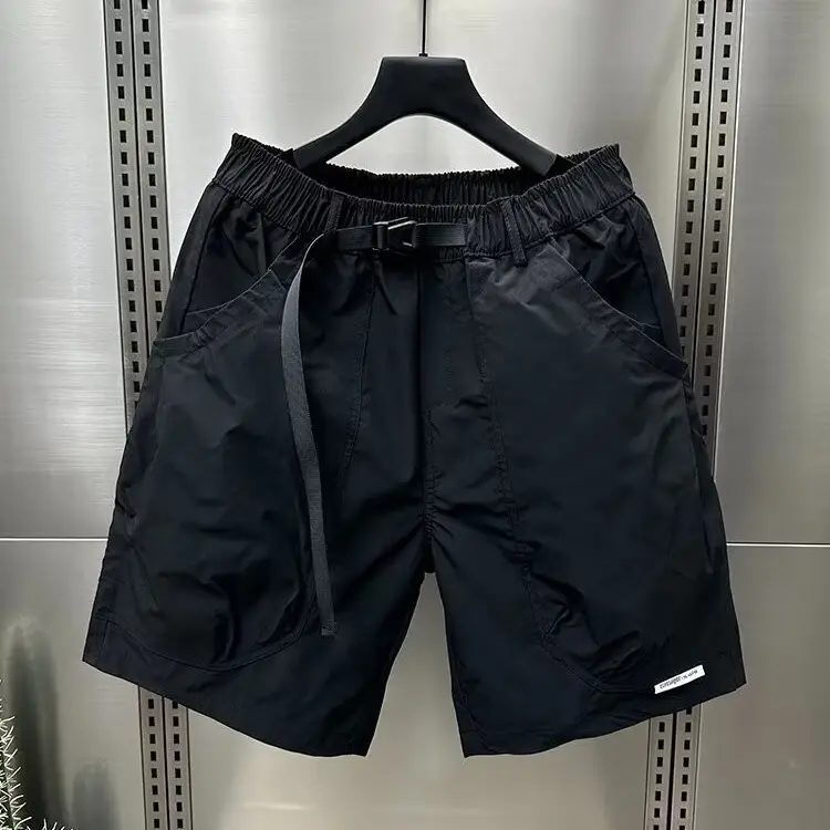 Men Brown Belted Cargo Shorts Summer Large Pocket Loose Straight Mid Length