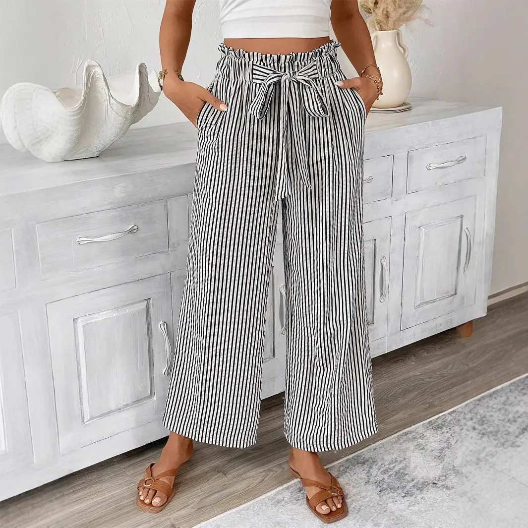 Women Striped Loose Fit Pants with Belt Pocket - Image 6