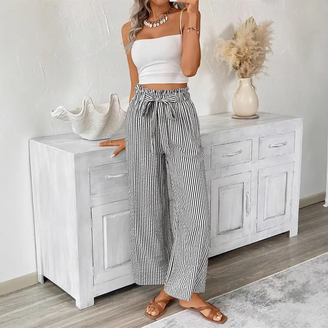 Women Striped Loose Fit Pants with Belt Pocket - Image 7