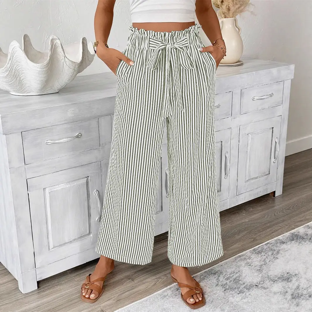 Women Striped Loose Fit Pants with Belt Pocket - Image 8