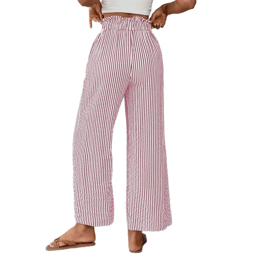 Women Striped Loose Fit Pants with Belt Pocket - Image 9