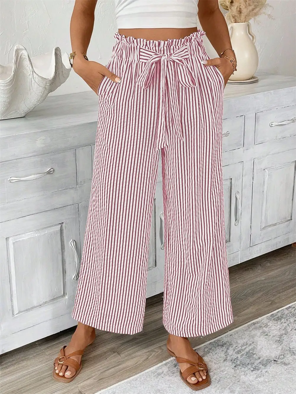 Women Striped Loose Fit Pants with Belt Pocket - Image 2
