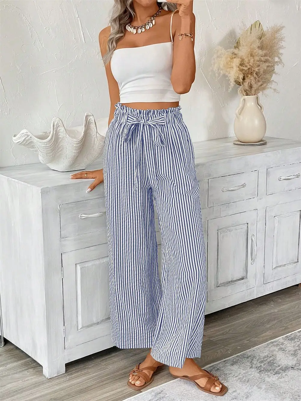 Women Striped Loose Fit Pants with Belt Pocket - Image 3