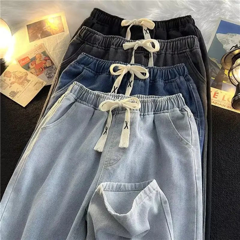 Men Elastic Waist Denim Trousers Wide Leg Autumn Winter