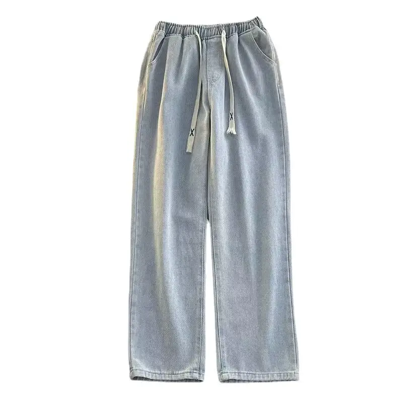 Men Elastic Waist Denim Trousers Wide Leg Autumn Winter