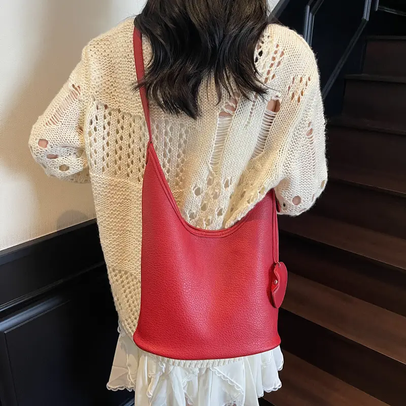Women Korean Retro Lychee Bucket Bag 2025