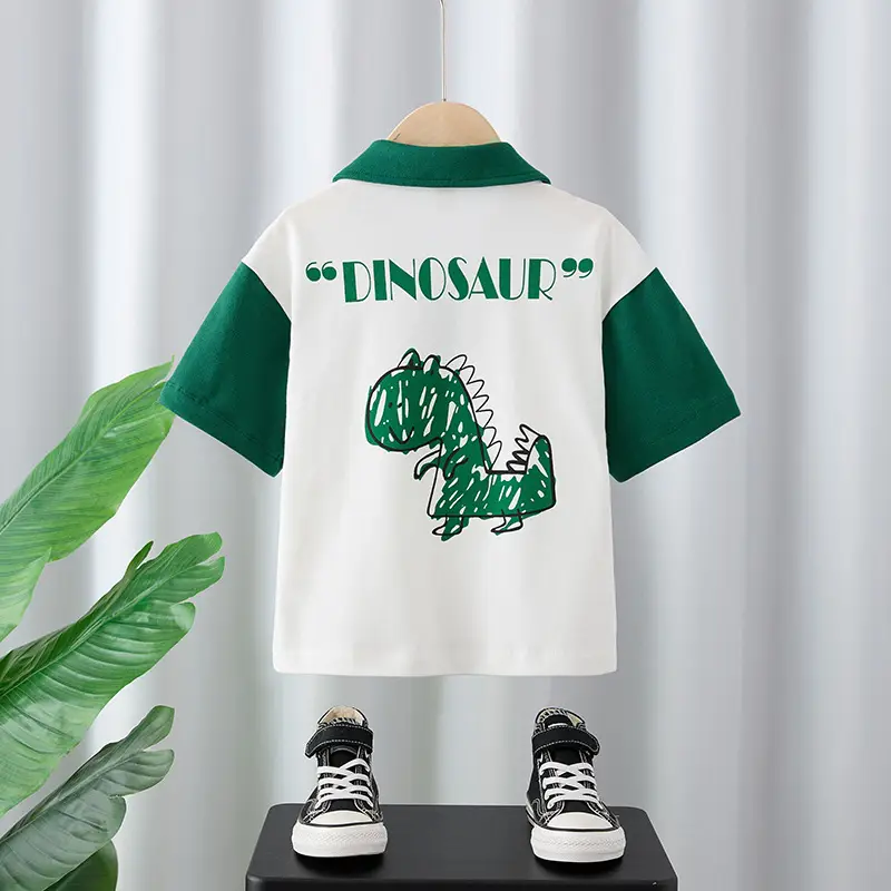 Boys Dino Graphic T-Shirt White Green Short Sleeve - Image 2