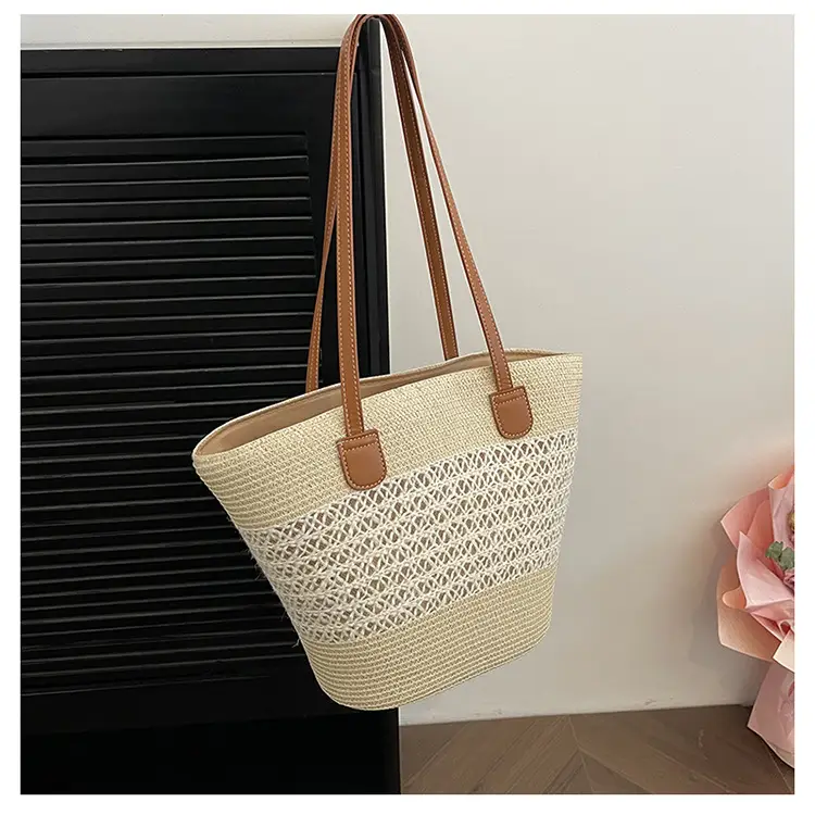 2025 New Striped Straw Bag Large Capacity Fashion Commuter Women's Handbag Tote Basket Stylish Hollow Shoulder Bag — feature 8