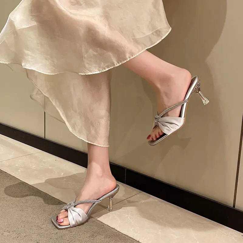 Silver Sandals for Women 2026 New Summer Style with Rhinestones, Square Toe, Thin Heels, Elegant and Stunning Women's High-Heeled Slippers - Image 6