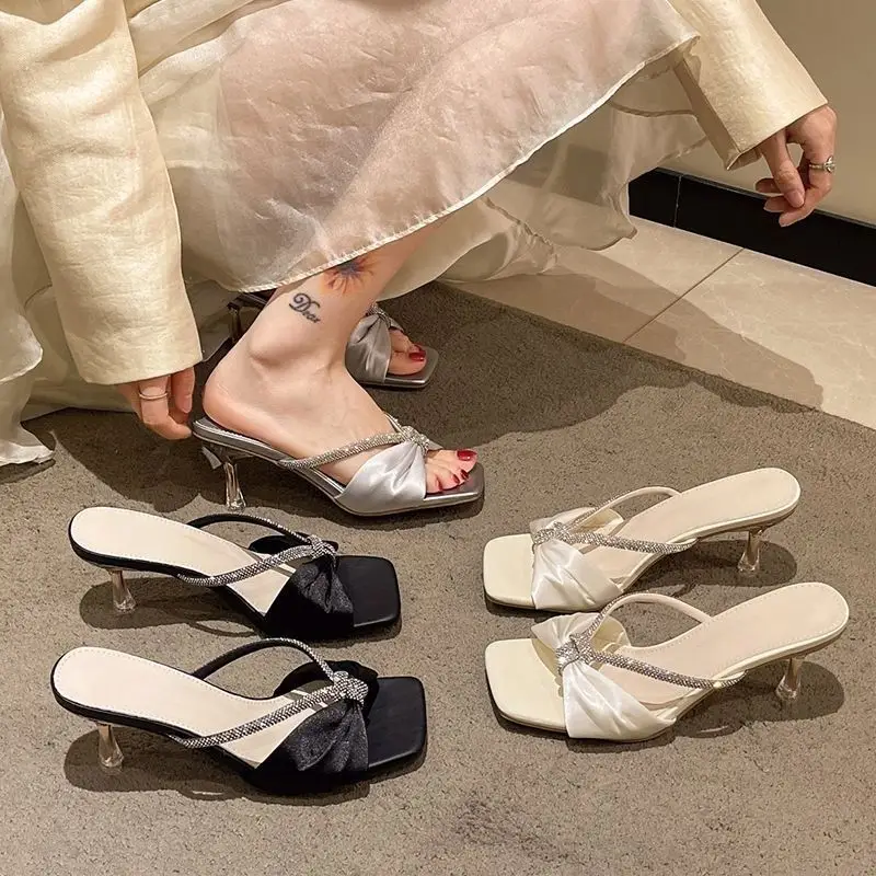 Silver Sandals for Women 2026 New Summer Style with Rhinestones, Square Toe, Thin Heels, Elegant and Stunning Women's High-Heeled Slippers - Image 7