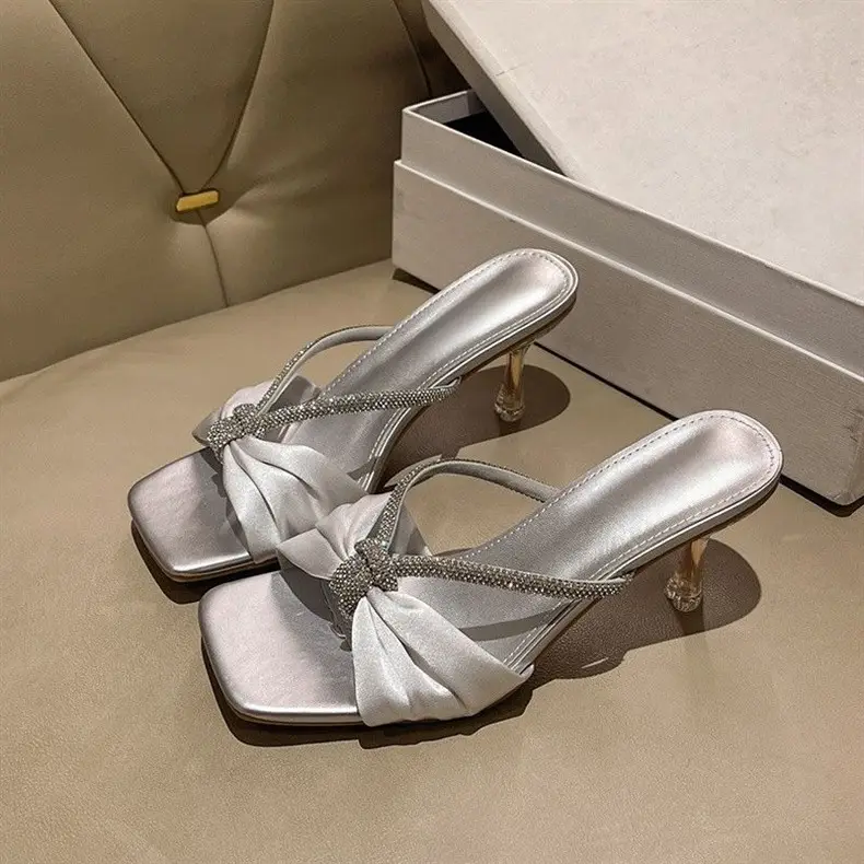 Silver Sandals for Women 2026 New Summer Style with Rhinestones, Square Toe, Thin Heels, Elegant and Stunning Women's High-Heeled Slippers — feature 9