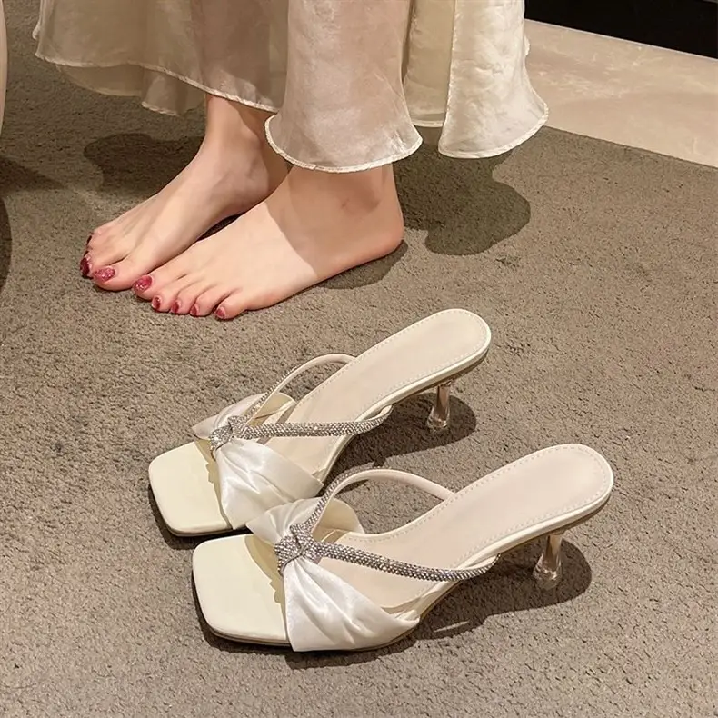 Silver Sandals for Women 2026 New Summer Style with Rhinestones, Square Toe, Thin Heels, Elegant and Stunning Women's High-Heeled Slippers — feature 11