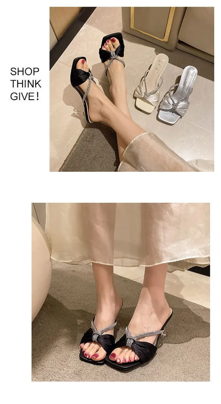 Silver Sandals for Women 2026 New Summer Style with Rhinestones, Square Toe, Thin Heels, Elegant and Stunning Women's High-Heeled Slippers — feature 2