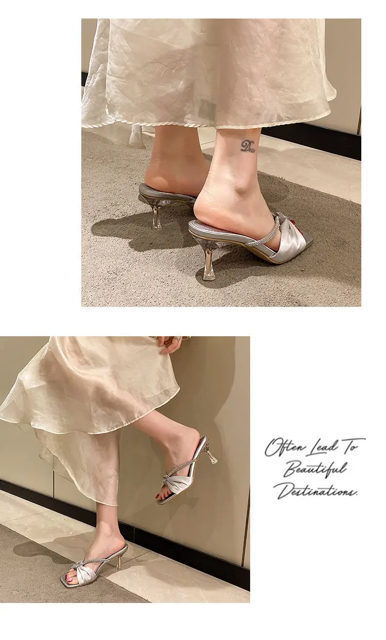 Silver Sandals for Women 2026 New Summer Style with Rhinestones, Square Toe, Thin Heels, Elegant and Stunning Women's High-Heeled Slippers — feature 3