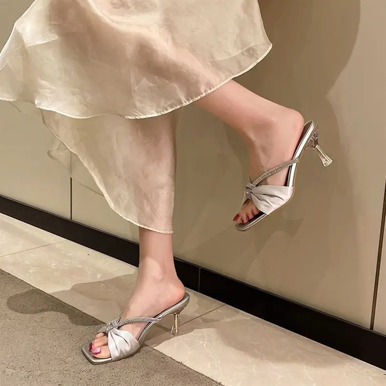 Silver Sandals for Women 2026 New Summer Style with Rhinestones, Square Toe, Thin Heels, Elegant and Stunning Women's High-Heeled Slippers — feature 5