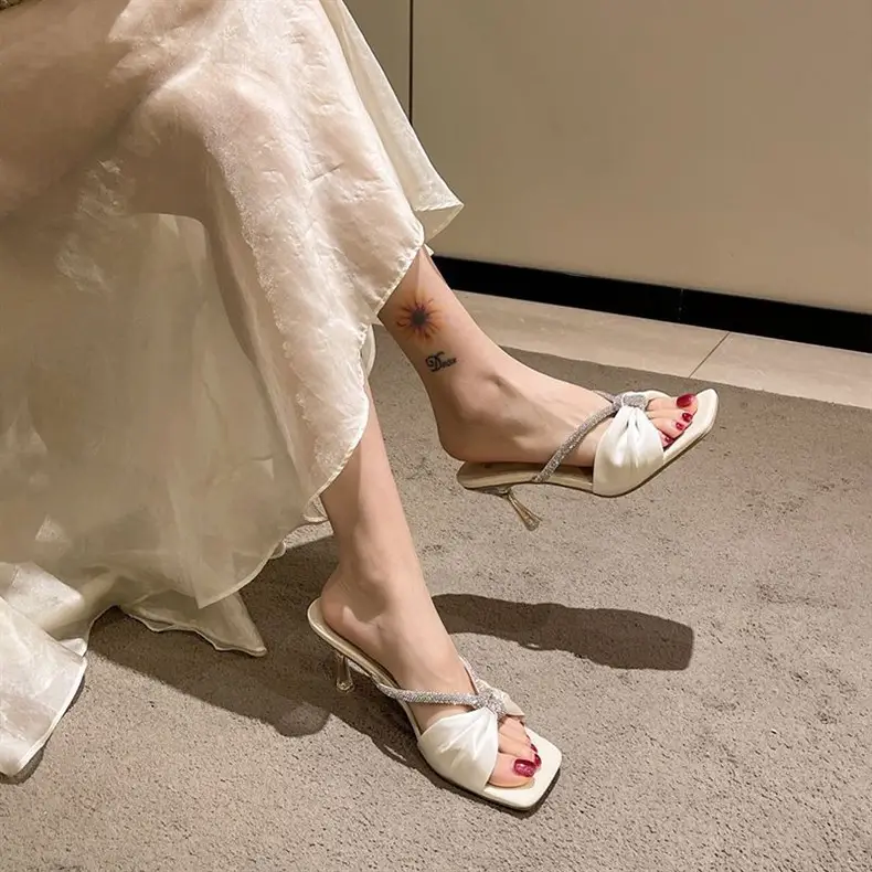 Silver Sandals for Women 2026 New Summer Style with Rhinestones, Square Toe, Thin Heels, Elegant and Stunning Women's High-Heeled Slippers — feature 7