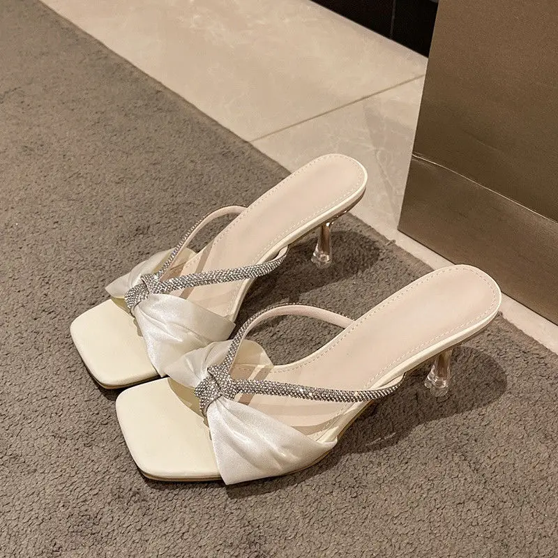 Silver Sandals for Women 2026 New Summer Style with Rhinestones, Square Toe, Thin Heels, Elegant and Stunning Women's High-Heeled Slippers - Image 3