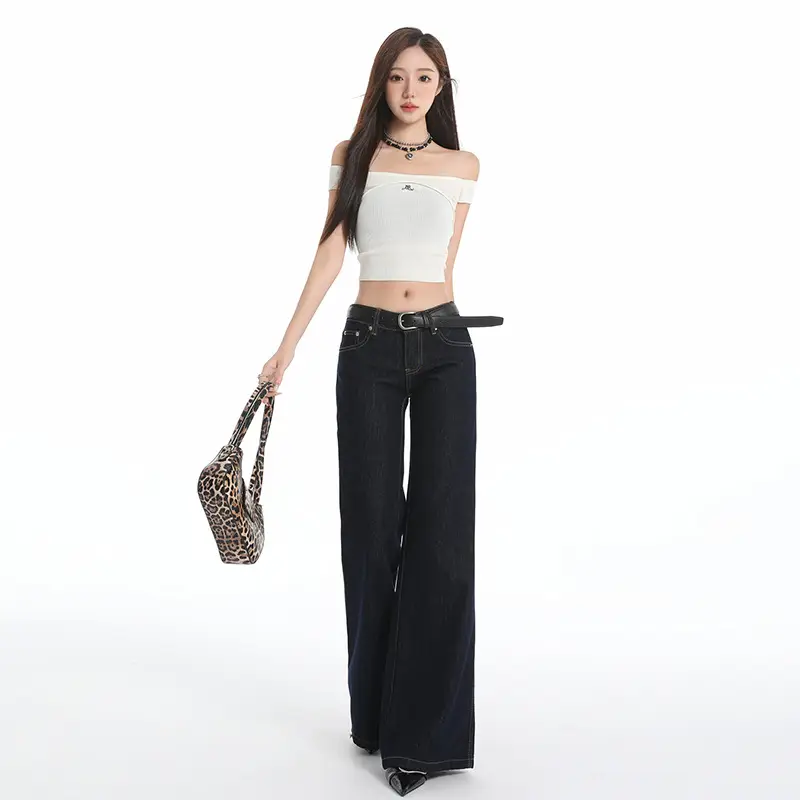 Retro Dark Blue Low Waist Jeans for Women Slim Fit