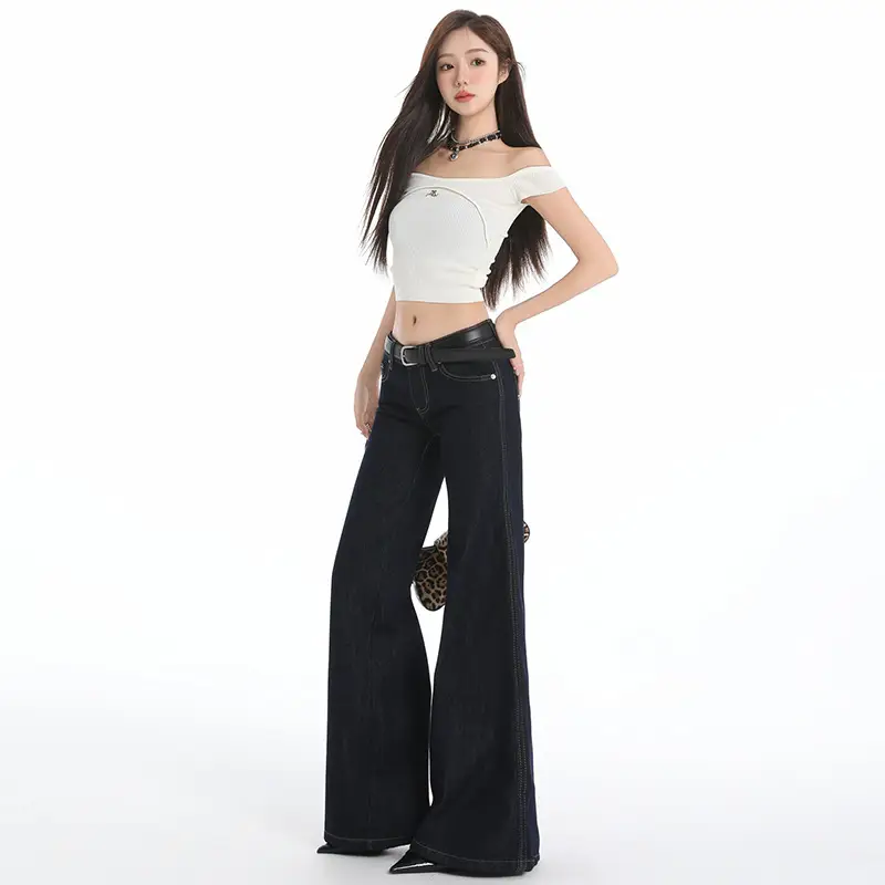 Retro Dark Blue Low Waist Jeans for Women Slim Fit