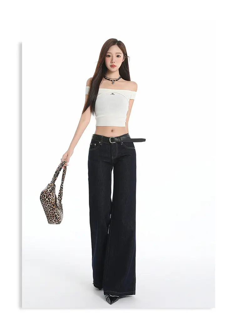 Retro Dark Blue Low Waist Jeans for Women Slim Fit — feature 12