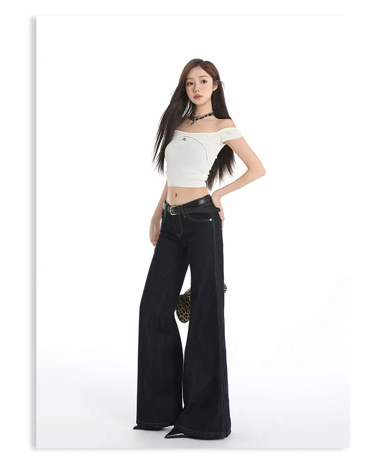Retro Dark Blue Low Waist Jeans for Women Slim Fit — feature 13