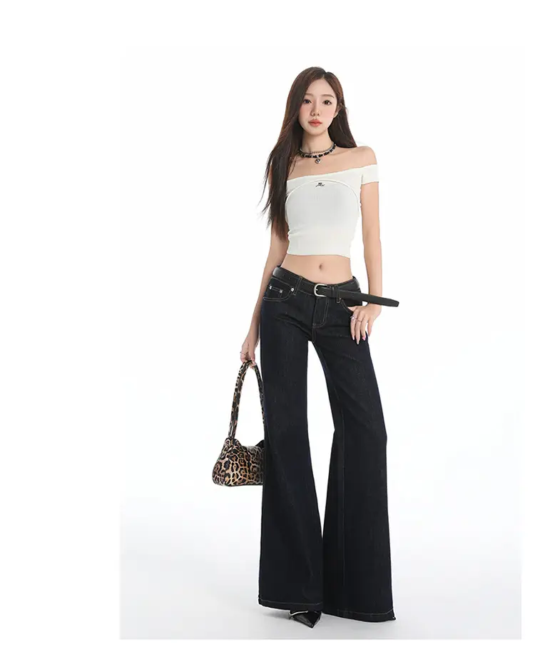 Retro Dark Blue Low Waist Jeans for Women Slim Fit — feature 14