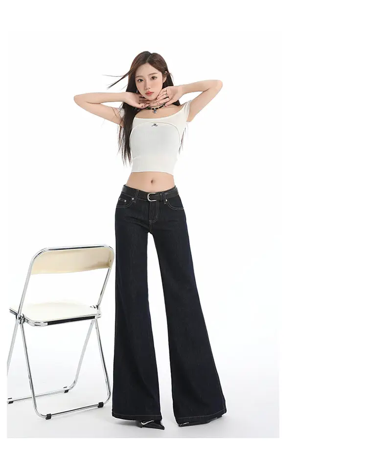 Retro Dark Blue Low Waist Jeans for Women Slim Fit — feature 15