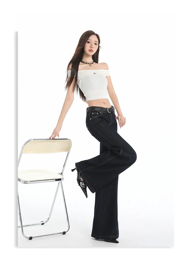 Retro Dark Blue Low Waist Jeans for Women Slim Fit — feature 17