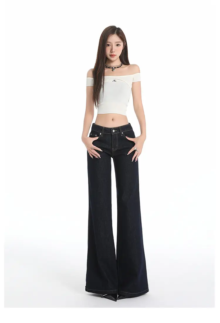 Retro Dark Blue Low Waist Jeans for Women Slim Fit — feature 20