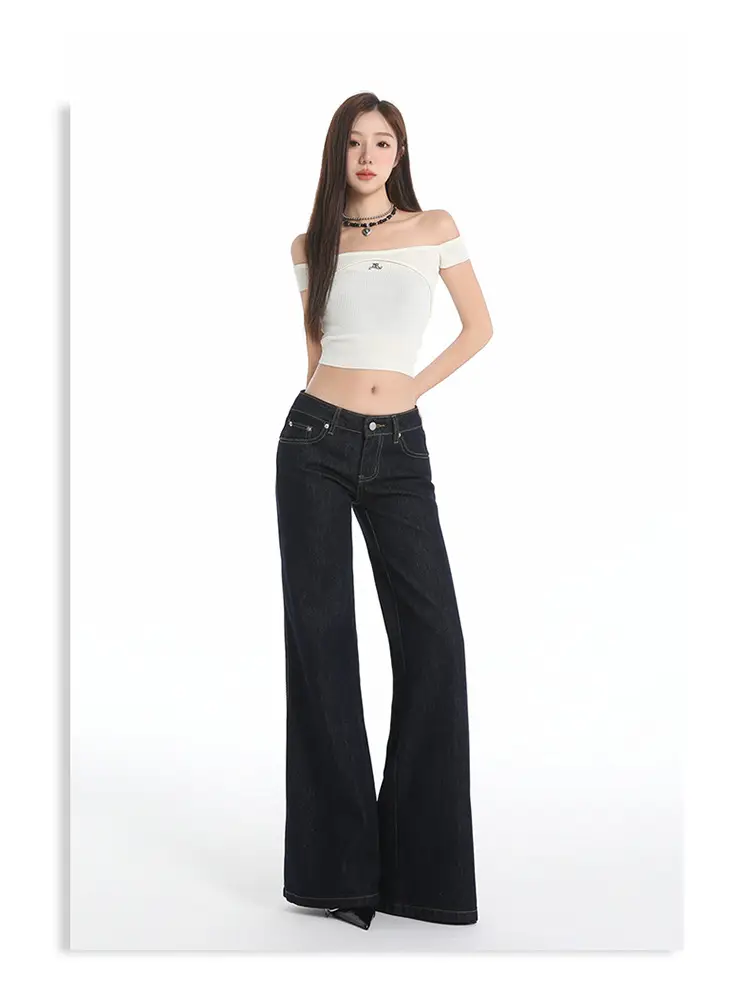 Retro Dark Blue Low Waist Jeans for Women Slim Fit — feature 21