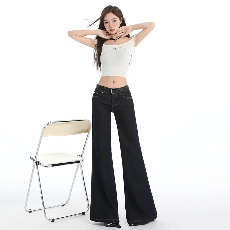 Retro Dark Blue Low Waist Jeans for Women Slim Fit
