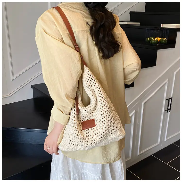 New Summer Straw Bag with Leather Strap Large Capacity — feature 12