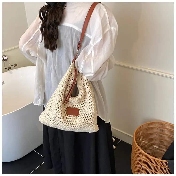 New Summer Straw Bag with Leather Strap Large Capacity — feature 17